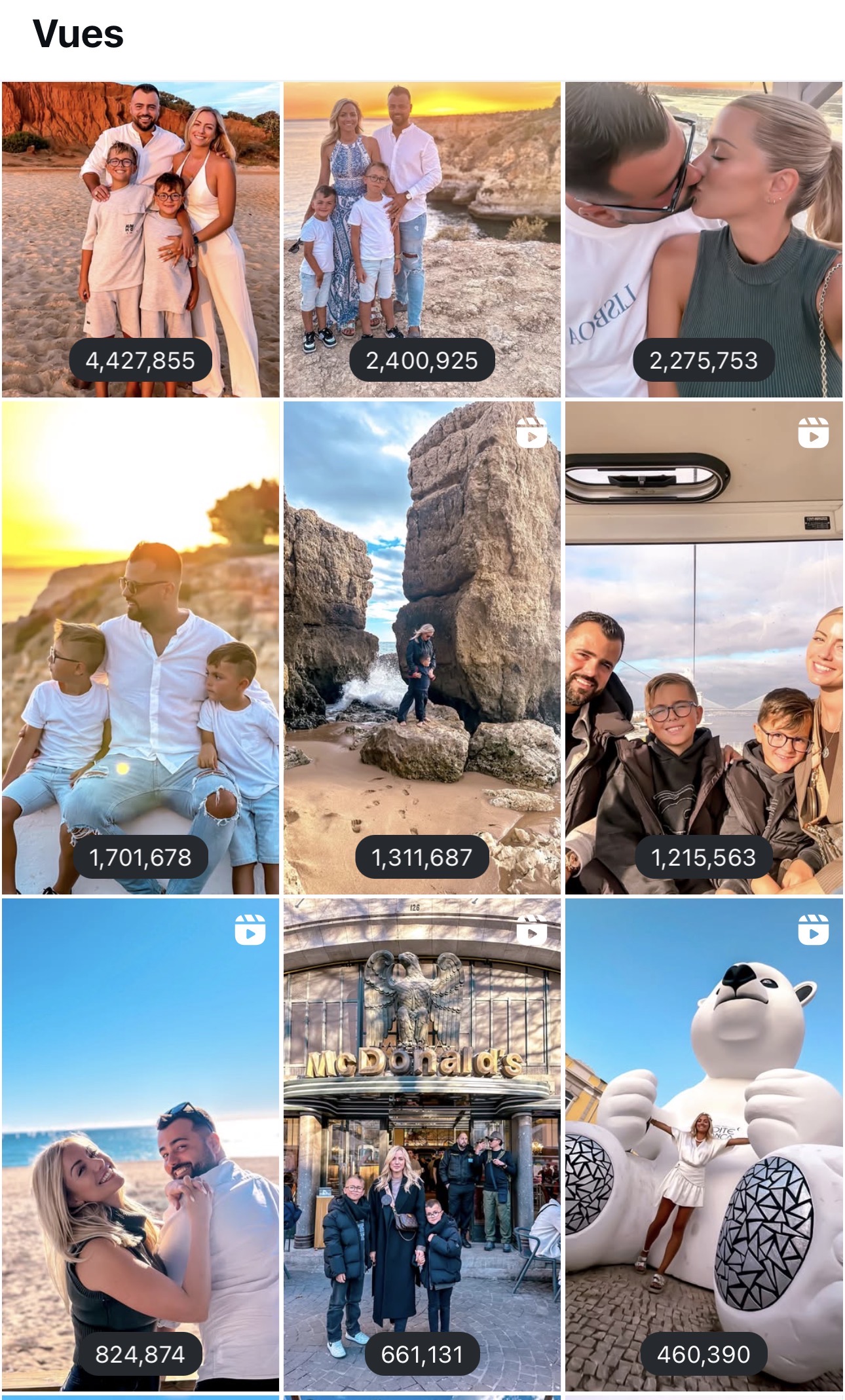 Capture Reels montrant plusieurs contenus entre 460 390 et 4 427 855 vues